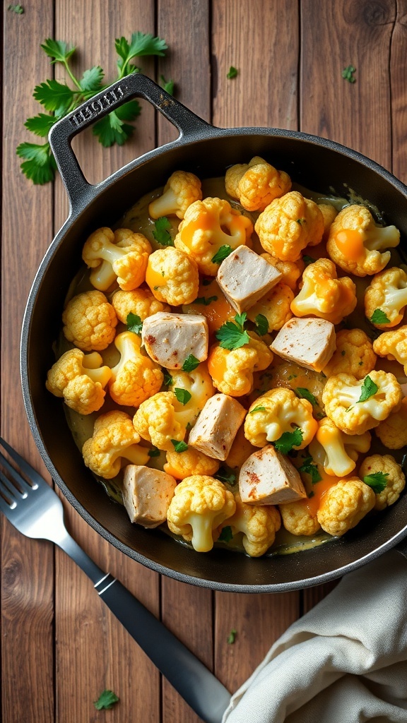 Cheesy Chicken Cauliflower Skillet Recipe Cheesy chicken and cauliflower skillet with chicken breast and cauliflower florets in melted cheese, garnished with parsley.